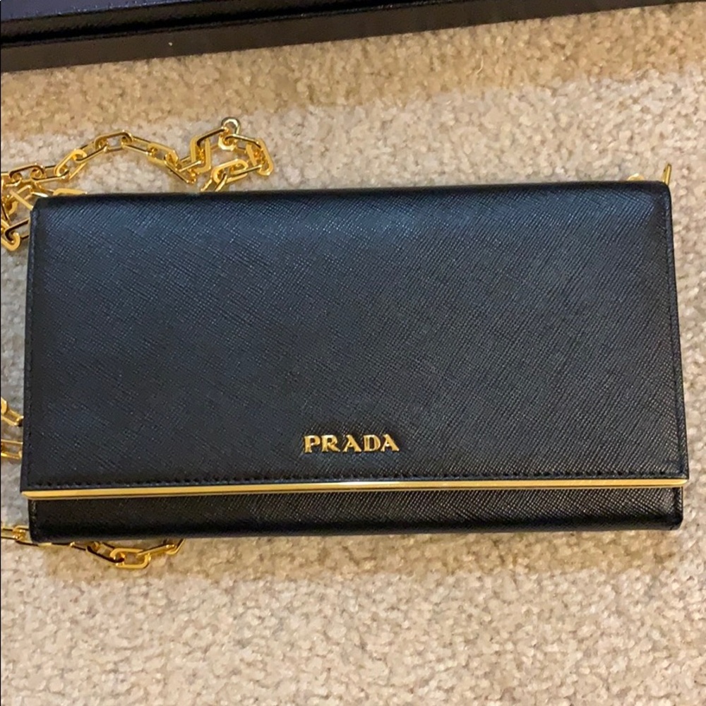 Authentic Prada Saffiano Wallet on a chain.